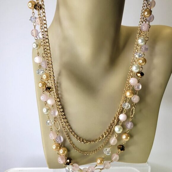 Multistrand Gold and Pink Beads Long Necklace - Picture 2 of 8